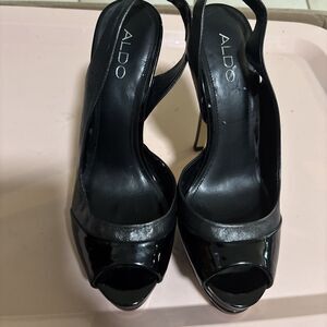 ALDO Women Black Peep Toe Leather Upper Platform High Heel Pump Sz 39 8.5
